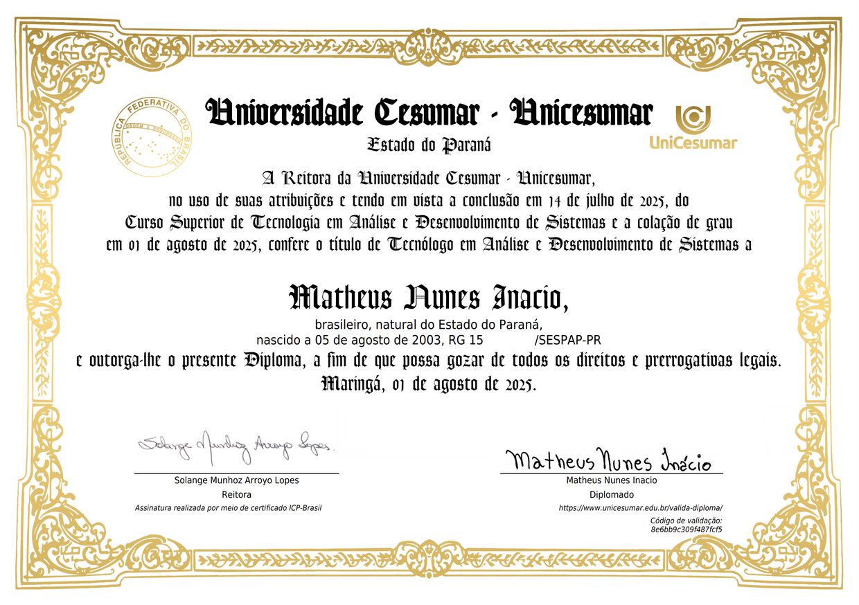 Diploma de Tecnólogo em Análise e Desenvolvimento de Sistemas pela UniCesumar