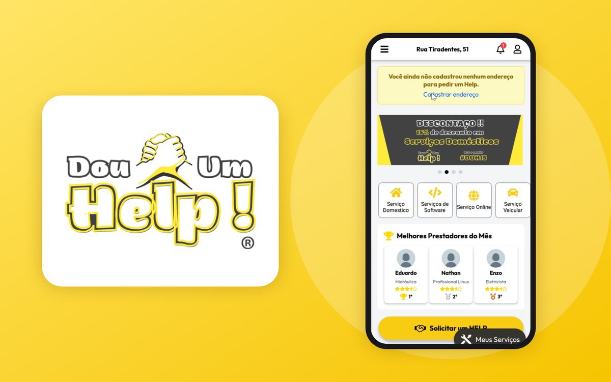 Logo do Dou Um Help! ao lado da tela inicial do app no celular
