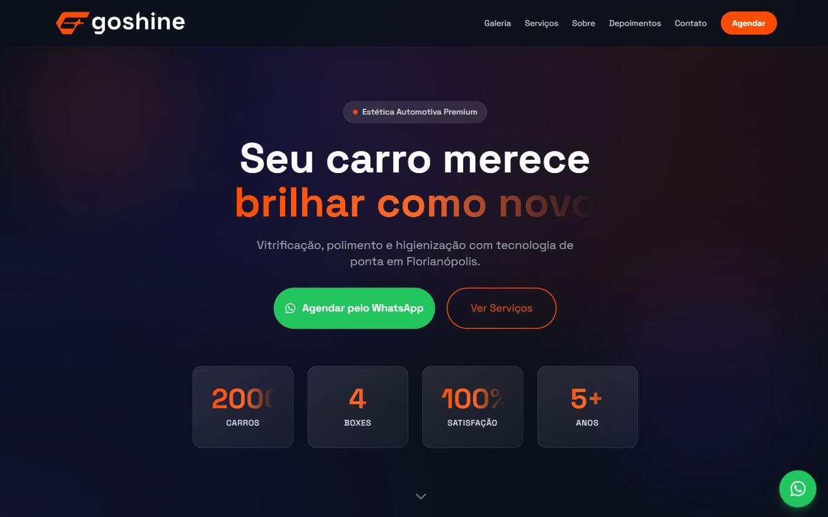 Página inicial do site da GoShine, com o título "Seu carro merece brilhar como novo"