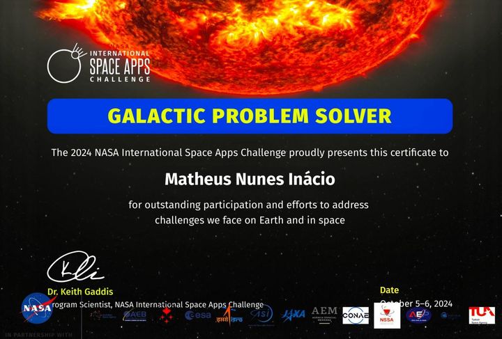Certificado Galactic Problem Solver do NASA Space Apps Challenge 2024 em nome de Matheus Nunes Inácio