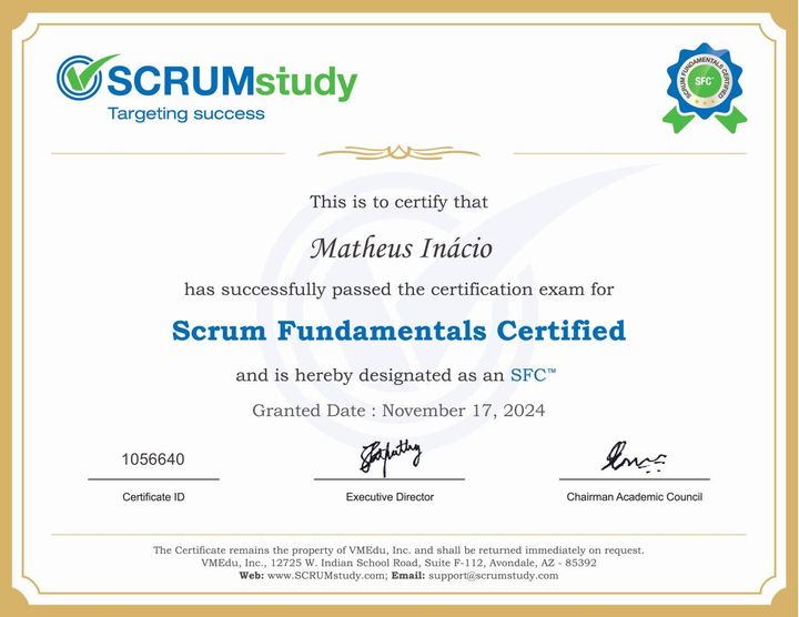 Certificado Scrum Fundamentals Certified da SCRUMstudy em nome de Matheus Inácio